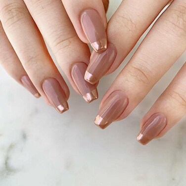 Coffin Press on Nails Short Fake Nails Gold French Tip Nails Press ons Glossy Glue on Nails Nude Acrylic Nails Full Cover Artificial Stick on Nails for Women 24Pcs
