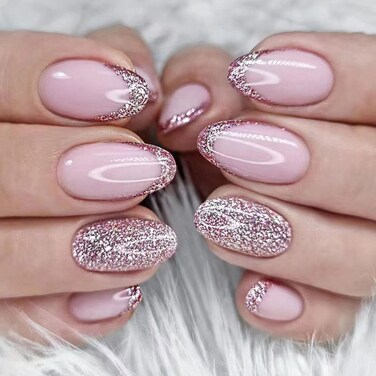 Pink Press on Nails Short Almond Fake Nails Glitter French Tip Nails Press ons Glossy Acrylic Nails with Glitter Designs Full Cover Stick on Nails Cute Artificial Nails for Women 24Pcs