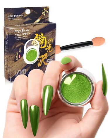 Dark Emerald Green Chrome Nail Powder Mirror Effect Solid Shimmer Pigment Olive Color Dust for French Manicure Tips Iridescent Lime Metallic Glitter