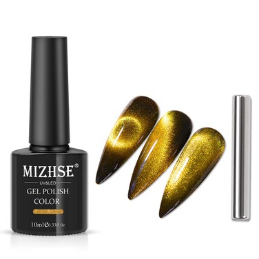 MIZHSE Universal Gold Cat Eye Gel Nail Polish, 9D Wide Magnetic Gel Polish with Magnet Stick, 10 ml Galaxy Effect Bright Glitter Shimmer Cateye Nail Gel Soak Off Nail Art Manicure DIY at Home