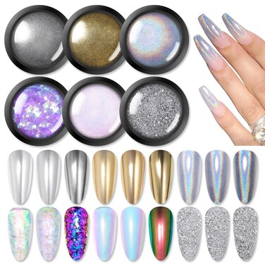BORN PRETTY Chrome Powder Holographic Nail Art Auroras Mermaid Pearl Nail Powder Reflective Glitter Manicure Pigment 6 Boxes