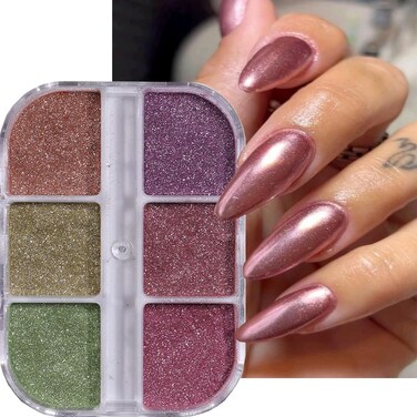 6 Grid Pearl Chrome Nail Powder, Iridescent Aurora Powder Metallic Mirror Effect Pigment Pearlescent Mermaid Pigment Pearl Glitter Dust Kit, Nail Art Decoration, Resin Craft (08_lightwave)