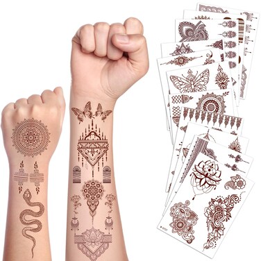 JUNEBRUSHS Henna Temporary Tattoos, 20 Sheet Brown Henna Tattoos Stickers with Large Patterns for Women Wedding Festivals Party Concert Make up Fake Face Hand Arm Leg Tattoos