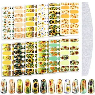 168 Pieces Sunflower Nail Stickers Floral Flower Nail Stickers 12 Sheets Sunflower Self Adhesive Nail Decals Nail Supplies Summer Nails Stickers with Nail File for Women DIY Nail Decoration