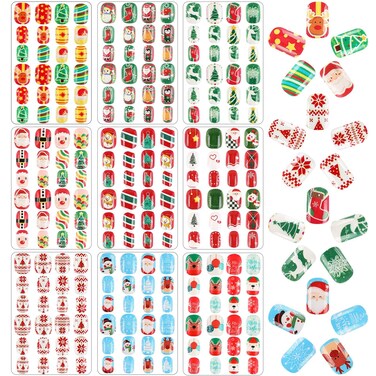 Christmas Kids Press on Nails, 216Pcs 9 Pack Christmas Girls Press on Nails Full Cover Short False Stick on Nail Tips for Kids Nail Art Decoration Christmas Party Favors Gift