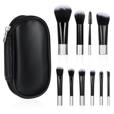 10 Pcs Travel Makeup Brush Black Portable Makeup Brush Set Mini Cosmetic Brushes with Makeup Brush Pouch Portable Small Eyeshadow Eye Lipstick Foundation Brush