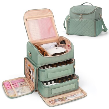 Extra Large Nail Polish Organizer Case Holds 86 to 100+ Bottles Nail Polish &amp; Nail Lamp, Nail Supplies Storage Carrying Bag with 2 Removable Pouches, Portable Nail Tech Travel Box (Green, 86 Slots)