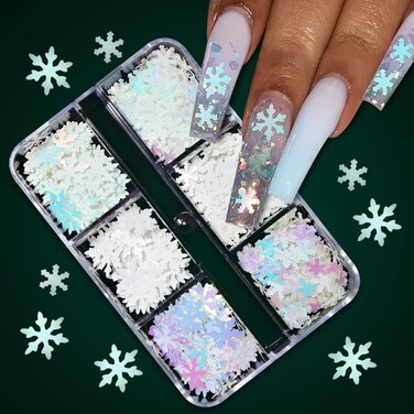 Snowflake Nail Art Glitter Sequins Winter Nail Charms 6 Grids, Holographic Laser Xmas Snowflake Nail Decals Winter White Flakes Nail Art Design Shimmering Sequins for Women Christmas Decorations