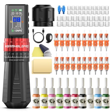 Aluminum Alloy Tattoo Gun with Adjustable Tattoo Pen Stroke, Tattoo Kit with Dotwork Mode, Memory Function, Complete Beginners Kit and Professional Tattoo Artists - Compact/Lightweight