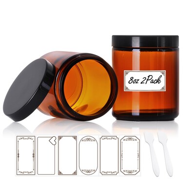 2 Pack 8 oz Amber Glass Jars with lids, Cosmetic Jars with Inner Liners and Black Lids, Lotion Jars, Candle Making Jars for Lotions, Scrubs and Cosmetic, Lables and Spatulas Include