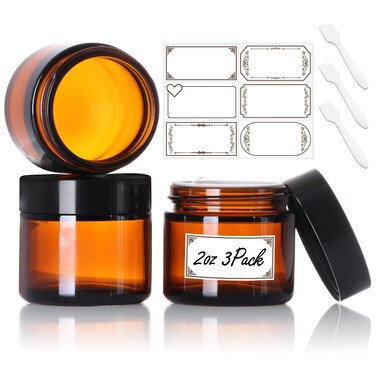 3 Pack 2 oz Amber Glass Jars with lids, Cosmetic Jars with Inner Liners and Black Lids, Lotion Jars, Candle Making Jars for Lotions, Scrubs and Cosmetic, Lables and Spatulas Include