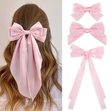 SuPoo 4pcs Hair Accessories - Pink Satin Bows in Different Sizes, Oversized Long-tail Bowknot Barrettes for Women's Hair