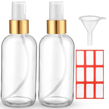 Fumete 2 Pack Glass Bottles 4oz Empty Refillable Liquid Containers with 1 Label 1 Funnel for Essential Oils Hair Travel Plants Cleaning Skin Care(Clear, Golden Top,Mist Bottle)