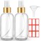Fumete 2 Pack Glass Bottles 4oz Empty Refillable Liquid Containers with 1 Label 1 Funnel for Essential Oils Hair Travel Plants Cleaning Skin Care(Clear, Golden Top,Mist Bottle)
