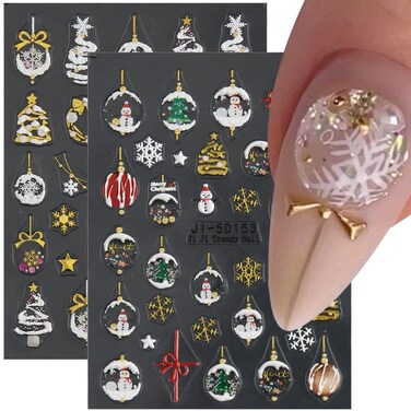 5D Embossed Christmas Nail Art Stickers Decals Self-Adhesive 5D Glitter Cute Relief Snowflake Winter Holiday Nail Supplies Nail Art Design Christmas Tree Nail Stickers Decoration Accessories 2 Sheets