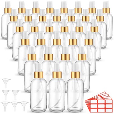 Fumete 36 Pcs Glass Spray Bottles 4oz Fine Mist Glass Spray Bottle Refillable Liquid Containers with 6 Labels 6 Funnel for Hair Travel Plants Cleaning Solutions Skin Care(Clear,Simple)