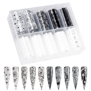 Holographic Nail Foil Sheets Black White Lace Transfer Foil Nail Wraps Nail Foils Nail Stickers Decals for Nail Art Accessories DIY Decoration (10 Roll, Length 39.3in)