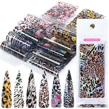 Nail Foil Leopard Print Nail Design Stickers Decals Holographic Nail Foils Starry Sky Star Transfer Foil Nail Wraps for Nail Art DIY Decoration - 10 Sheets