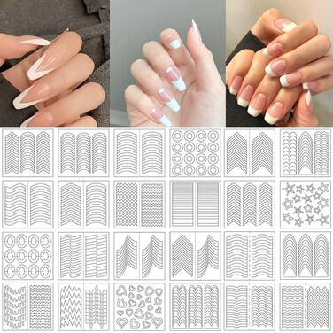 2000 Pieces French Tip Nail Guides French Nail Stickers Nail Art Tips Guides Self-Adhesive French Manicure Strips for Edge Auxiliary Stickers DIY Nail Stencil Tools (45 Design, 48 Sheets)