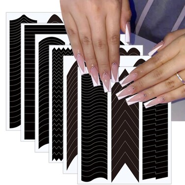 French Tip Tool Nail Guides Self-Adhesive French V-Shaped Moon Shaped Manicure Strips Stickers Edge Auxiliary French Nail Sticker Black DIY Nail Stencil Tools for Women Manicure Decoration 6 Sheets