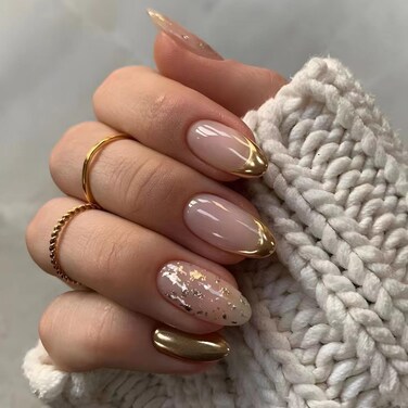 Medium Gold French Tip Press on Nails Almond Fake Nails Nude False Nails with Gold Foil Design Glossy Acrylic Glue on Nails Reusable Artificial Nail Full Cover Sticker on Nails for Women Manicure