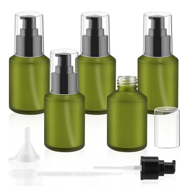 5 Pieces 60ml/2oz Empty Green Glass Lotion Pump Bottles,Refillable Essential Oil Jars with 1 Funnel and 1 Pipette,Cosmetic Sample Containers for Foundation,Cream,Gel,Shampoo