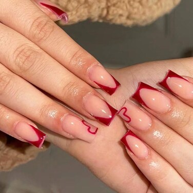 Press on Nails Medium Square French Dark Red Fake Nails with Simple Heart Design Artificial Acrylic False Press ons Full Cover Stick on Nail for Women Girls Daily Wear Wedding 24Pcs