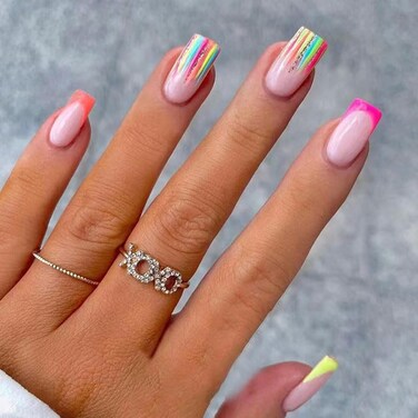 Medium Press on Nails Square French Fake Nails with Fashion Rainbow Stripes Design Full Cover Press ons Artificial Acrylic False Stick on Nail for Women Girls Daily Wear Wedding 24Pcs