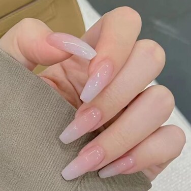 Ombre Nude Pink White Press on Nails Medium Long Coffin Fake Nails with Ombre Design, Press ons Artificial Acrylic Full Cover False Stick on Nail for Women Daily Wear Wedding Manicure 24Pcs