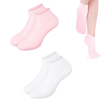 2 Pairs Silicone Moisturizing Socks for Dry Cracked Feet Women, Soft Gel Pedicure Foot Spa Aloe Socks, Anti-Slip Moisturizer Socks for Dry Cracked Feet Overnight Foot Care Pink&amp;White