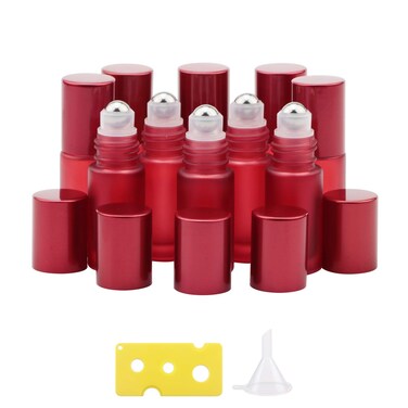 Kesell Empty Essential Oil Roller Bottles, 5ml Red Glass Roll-on Bottles with Stainless Steel Roller Balls, Small Portable Travel Perfume Container, Pack of 10