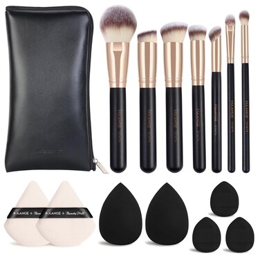 MAANGE Makeup Brush Set 15 Pcs Makeup Tool Set Premium Synthetic Foundation Powder Concealers Eye shadows Blush Brush Set with Makeup Brushes Bag (Black Gold)