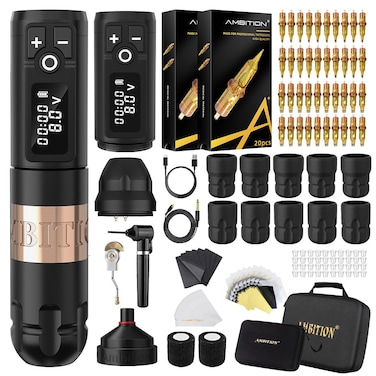 Ambition Soldier Tattoo Kit -Wireless Tattoo Machine Kit Complete with Extra 2400mAh Power 40pcs Cartridge Needles Bandage Gloves Ink Mixer Ink Cup Disposable Handle for Professional Tattoo Artists