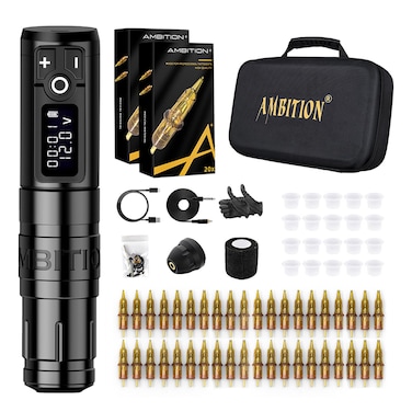 Tattoo Kit - Ambition Complete Wireless Tattoo Machine Kit 1950mAh Digital LED Display Power Supply with 40pcs Tattoo Cartridges Needles Ink Cup Gloves Bandage for Professional Tattoo Artists