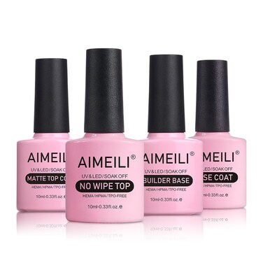 AIMEILI Hema Free Gel Nail Polish, Cruelty Free, Vegan, No Wipe Top Coat, No Wipe Matte Top Coat, Base Coat and Builder Base for Nails Gel Set