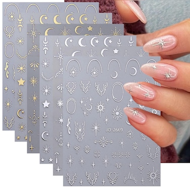 Metallic Moon Star Nail Art Stickers Decals Luxury Golden Silver Nail Stickers Sun Stars Moon Nail Art Design Nail Decals with Starlight Moon Charm Nail Adhesive Sliders for Women Manicure Decor 6PCS