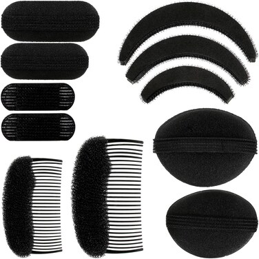 11 Pieces Sponge Volume Hair Bases Set Bump it Up Inserts Styling Tools Bump Up Combs Clips Sponge Hair Bun Updo Accessories for Women DIY Hairstyles(Black)