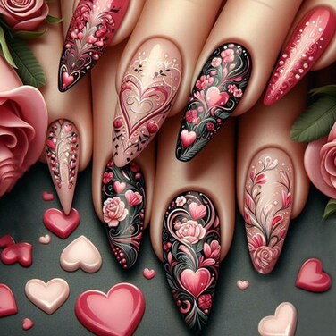 Press on Nails Medium Almond Fake Nails with Floral Heart Designs Red Nails Press ons Glossy Glue on Nails Black Acrylic Nails Stick on Nails for Women 24Pcs