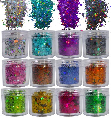 12 Colors Holographic Chunky Glitter Flakes Hexagon Shapes Glitter Sequins Nail Stickers Sparkles Resin Epoxy Accessories for Crafts Nail Art Body Makeup