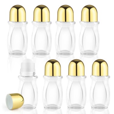 8Pcs 50ml/1.7oz Clear Glass Essential Oils Roller Bottles with Plastic Roller Ball and Gold Lid,Empty Deodorant Roller Ball Bottles,Refillable Massage Roll-on Bottles