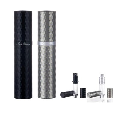 Travel Refillable Perfume Atomizer 0.17fl.oz/5ml. Cologne Pocket Recyclable Portable Sprayer Bottle. Mini Scent Pump Case Dispenser Perfume Container (BLACK+GREY)