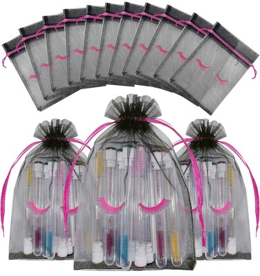 Jexila 100 Pack Lash Bags for Clients Eyelash Aftercare Black Mesh Bags Drawstring Makeup Cosmetic Sample Bags Eye Lash Print Beauty Gift Bag for Women Girls(Black Plus Pink,4 x 6 Inch)