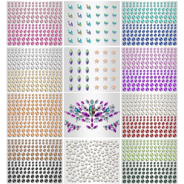 sticro 12 Sheets Face Jewels Eye Gems for Makeup, Self-Adhesive Rhinestone Stickers Flatback Pearls for Nails, Festival Accessories for Women Body Decorations