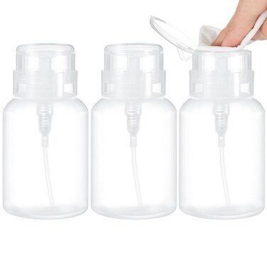 Layhit 3 Pack 6.8 oz Push Down Pump Dispenser Alcohol Push Down Empty Bottles Containers Nail Polish Remover Pump Bottles Lockable Dispenser Bottle with Stickers (Clear Top Cap)