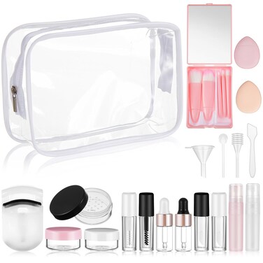 Maxdot 20 Pack Travel Makeup Containers Set Mini Makeup Brush Empty Bottles Kit with Finger Puff Spatulas Leak Proof Refillable Cosmetic Accessories for Liquid Toiletries Skincare Shampoo Mascara
