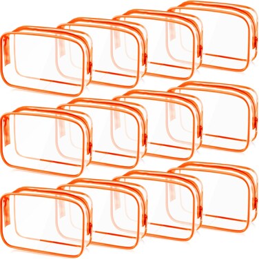 Weewooday 12 Pieces Clear Cosmetics Bag PVC Zippered Clear Toiletry Carry Pouch Cosmetic Makeup Bag Waterproof Makeup Vinyl Plastic Organizer Case for Vacation Bathroom(Orange,Small)
