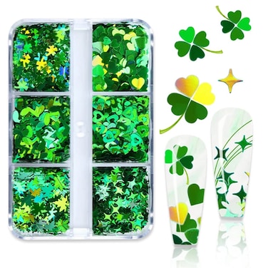 St. Patrick's Day Nail Art Glitters 3D Holographic Nail Sequins Green Mixed Star Heart Flower Clover Designs Nail Art Supplies Sparkle Glitter for Nail Art Decoration Makeup Resin Mold DIY