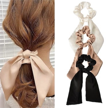 Chiffon Scrunchies with Knotted Ribbon Tails - Ponytail Holders for Women and Girls, 3 Pcs
