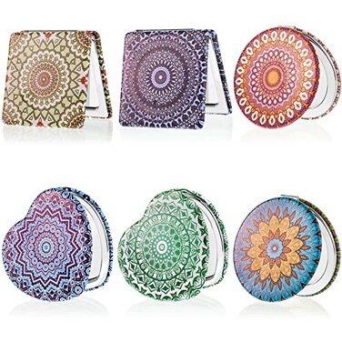 Yalikop Mini Purse Mirror Set, 6 Pieces with Various Shapes and Colors, PU Leather, Magnifying Double Sides, Portable Handheld Folding, Ideal for Makeup, Travel, Office, Parties