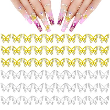 60Pcs Butterflies Nail Charms for Shiny Gold Silver Crystals Nails, Art 3D Metallic Fairy Nail Gems Butterflies Decoration Supplies for Women Girls Nails DIY Manicure Jewelry